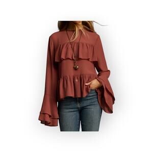 Bell Sleeve Tiered Ruffle Red Chiffon Blouse Commense XL | Romantic Modern NWT